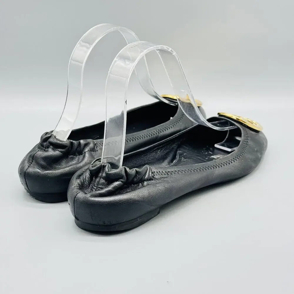 Tory Burch Shoes Women 7.5 Black Leather Ballet Flats Gold Medallion Logo Travel